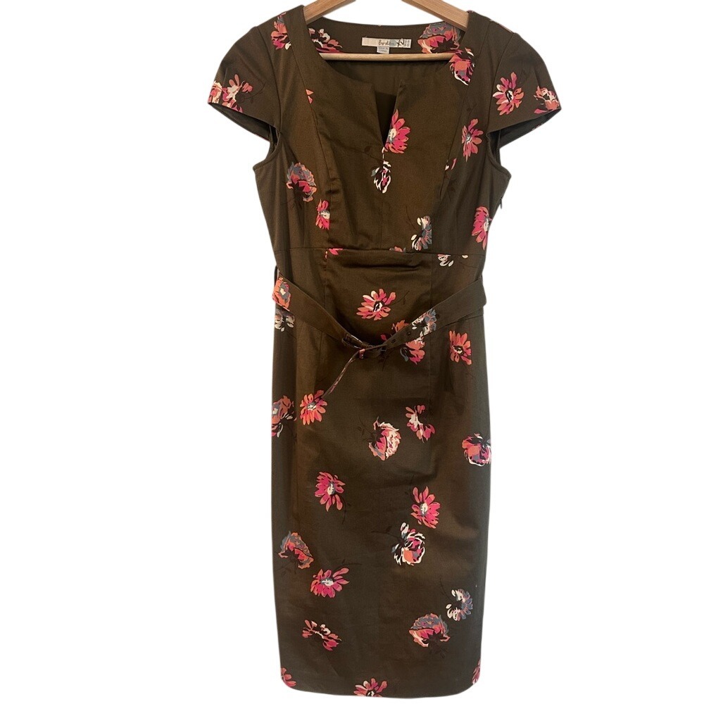 Boden Floral Belted Cap Sleeve V Neck Knee Length Dress Olive Pink Size 10